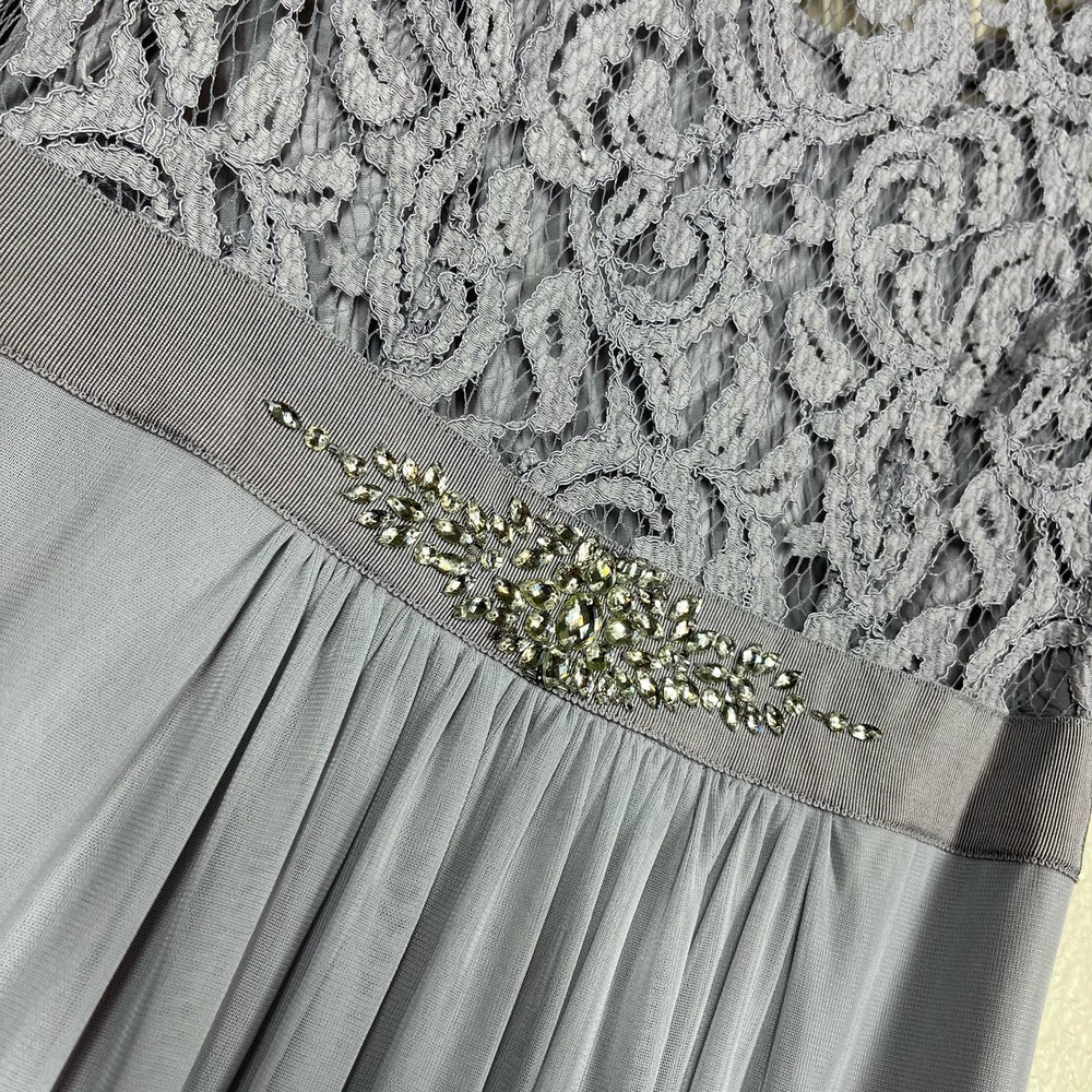 Adrianna Papell Gown Short Sleeve Lace Stretch Tulle Silver Jewel Waist‎ Size 6 - Picture 5 of 15